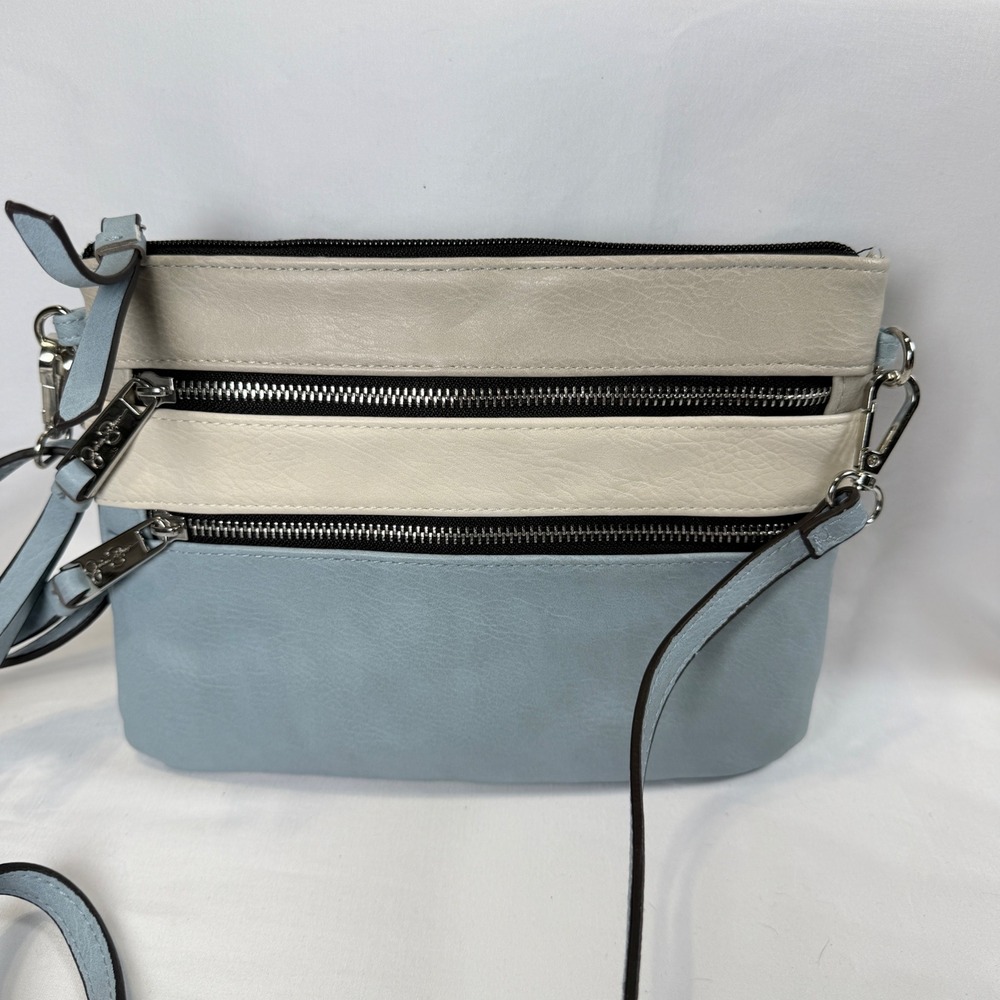 Jessica Simpson Crossbody Bag Womens Small Blue Cream Triple Zip Colorblock - Picture 2 of 11